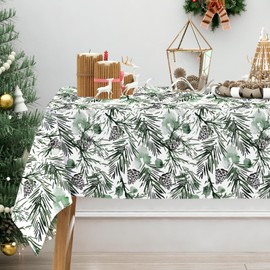 JarThenaAMCS Christmas Tablecloth Pine Cone Branches Rectangle Waterproof Tablecloth Washable Table Cover for Winter Holiday Picnic Dining Table, 60 x 104 Inch