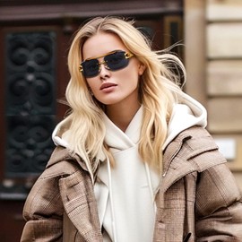 Dollger Rimless Rectangle Sunglasses for Women Men Stylish Hip hop Frameless Double Bridge 90s 2000s Designer Shades Leopard Wooden Arms Tinted Lens Y2K Square Aviator Glasses