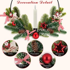 Christmas Santa Front Door Wreaths: 15" Christmas Garland Door Decorations with LED Taper Candles, Santa, Pine Cones, Xmas Balls, Window Christmas Fireplace Wreath Decorations - 2 Pack