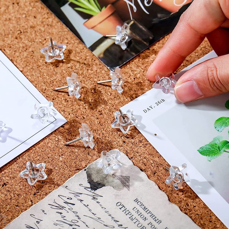 JIHUOO 100 Pcs Star Shaped Push Pins Clear Plastic Thumb