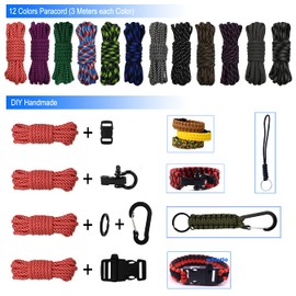 aufodara Paracord Set Bracelet Combo Craft Kit, 12 Colours Paracord 4 mm Cord with Clasp, Lobster Clasps, Key Ring, Paracord Needle for DIY Bracelet, Key Ring, Tent Rope (Colourful A)