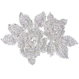 EVER FAITH Austrian Crystal 6 Inch Romantic Blooming Rose Flower Leaf Brooch Clear Silver-Tone