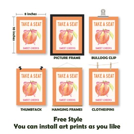 Pleonox Pink Preppy Funny Bathroom Canvas Wall Art Prints 8x10 Inch Set of 4, Trendy Retro Pink and Orange Sweet Cheeks Shower Karaoke Peach Pictures Wall Decor for Girls Bathroom Bedroom, Unframed