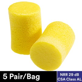 3M Ear Plugs, 5 Pairs/Poly Bag, E-A-R Classic VP312-1201, Uncorded, Disposable, Foam, NRR 29, For Drilling, Grinding, Machining, Sawing, Sanding, Welding