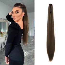 Cybelleza 22inch Ponytail Hair Extensions Ponytail Claw Jaw on Long Straight Pony Tails Clip in Hair Extensions Synthetic Hair pieces for Women (Chestnut Brown)