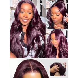Nadula Bye Bye Knots Glueless Black Cherry Loose Body Wave Drawstring Wigs Human Hair with with Face Framing Bangs, Pre Cut 7X5 HD Lace Front Wigs Pre Plucked Ready to Wear Wig 180% Density 18inch