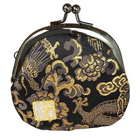 Senyoin Nishijin Woven Gold Brocade Coin Purse 2.5 Inch Round Wallet / Coin Purse (with Lining), black gold dragon