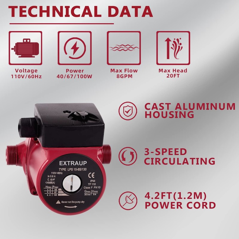 EXTRAUP 3/4 NPT 110V Hot Water 3-Speed Cast Iron Circulation