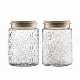 ANSQU Vintage Glass Jars Set Canister Airtight Storage Jar Container with Bamboo Wooden Lids for Kitchen Counter, Pantry, Coffee, Tea, Sugar, Cute Jar, 2 Pack 23.7 FL OZ (Begonia & Sunflower)