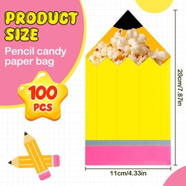 100 Pcs Large Pencil Candy Bags Bulk Back to School Gift Decorations Pencil Treat Goodie Bag Bulk First Day of School Paper Containers for Teacher Students Classroom Decor