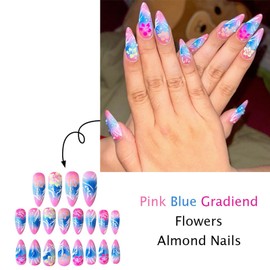 24 PCS Almond Press on Nails Medium Fake Nails Flower & Pink Blue Gradient Design Acrylic Nails Press Ons Cute French Tip False Nails Full Cover Holiday Glue on Nails Stick on Nails for Women Girls