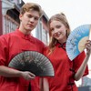 HotoPink 4 PCS Folding Fans with Tassel, Silk-like Fabric and