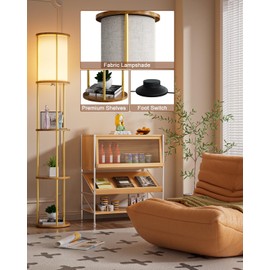 Lightdot 61" Floor Lamp with Shelves, Modern Gold Floor Lamp with Fabric Lampshade and 3- Tier Storage Table Attached, 35lb Capacity Solid Wood, Corner Bookshelf Lamps with 3000K E26 Bulb Included