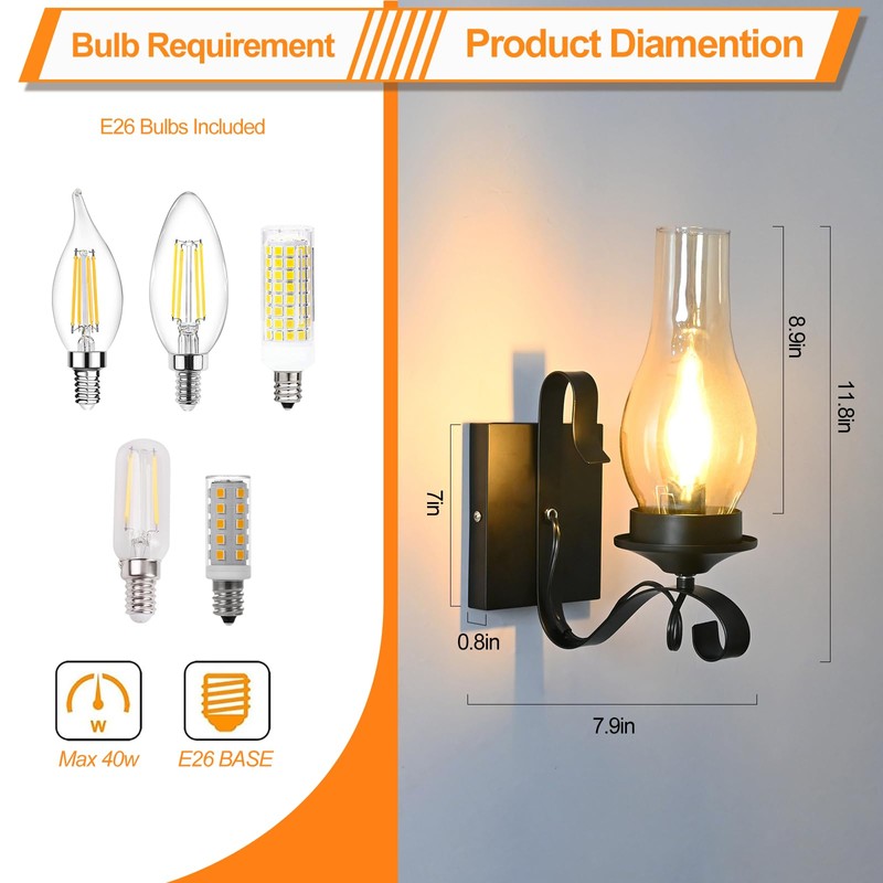 TIGKHAE Rustic Wall Sconces Sets of 2, Black Hardwired Farmhouse