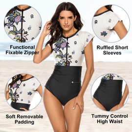 Wolddress Women Modest One Piece Bathing Suit Short Sleeve Tummy Control Swimsuit Zipper Surfing Athletic Rash Guard White Flower S