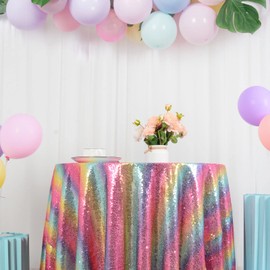DUOBAO Rainbow Sequin Tablecloth Round 60 Inches Shimmer Rainbow Table Cloth Birthday Decor Sequence Tablecloth Round Table Cloths Wedding Table Decor Glitter Tablecloth Overlay