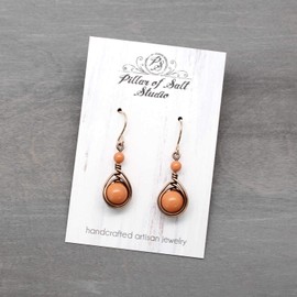 Pillar of Salt Studio Handcrafted Copper Earrings with Simulated Pearl and Rose Gold-filled Ear wires (Antiqued Copper, 1" drop, Coral)