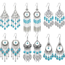 6 Pairs Bohemian Turquoise Dangle Earrings for Women Antique Silver Teardrop Tassel Long Earrings Boho Vintage Jewelry Set