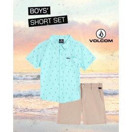 Volcom Toddler Boy Shorts Set - 2 Piece Short Sleeve Button Down Dress Shirts and Twill Shorts - Toddler Boys Summer Outfits, Size 7, Blue/Khaki