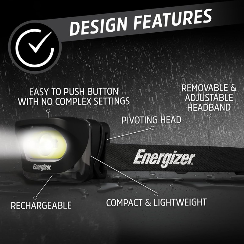 Energizer LED Rechargeable Headlamp (2-Pack), Black, LED Headlamp with Red