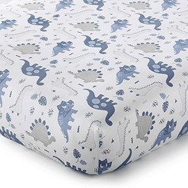 Levtex Baby - Kipton Set Crib Fitted Sheet - Fits Standard Crib and Toddler Mattress - Tossed Dinosaurs and Leaves - Blue, Grey and White - Nursery Accessories - 100% Cotton