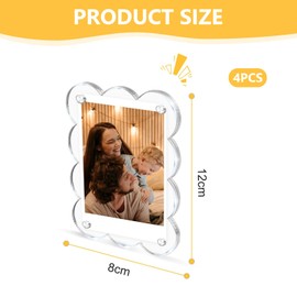 FloralGrace Set of 4 Mini Picture Frames Magnet 8 x 12 cm Acrylic Photo Magnet for Fridge, Wave Shape Magnetic Picture Frame for Instax Photos, Polaroid Picture Frame