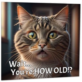 Funny Cat Birthday Card - How old?! Cute Joke Cat bday Card 145mm x 145mm