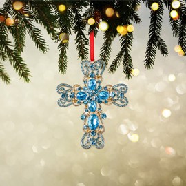 WaaHome Metal Cross Christian Christmas Ornaments Religious Christmas Ornaments, Teal Cross Keepsake Christmas Ornaments Gifts for Women Girls, Nativity Ornaments for Christmas Tree Decorations