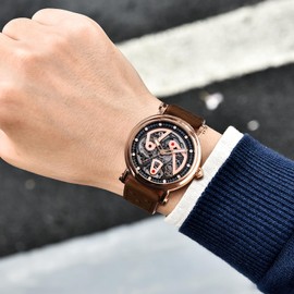 BENYAR Automatic Watches for Men Black Skeleton dial 50M Waterproof Leather Men's Mechanical Watch Elegant Gifts for Men (Gold)