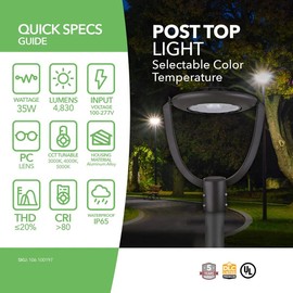 GREENLIGHTDEPOT LED Post Top Light - Selectable Color Temperature - 35W - Bronze - Shorting Cap