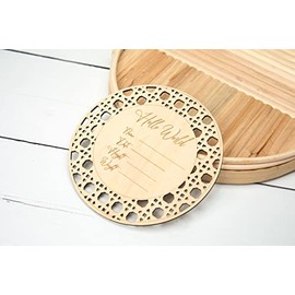 Hello World Newborn Baby Announcement | Rattan Wicker Boho Name and Measurements Hospital Birth Pregnancy Gift