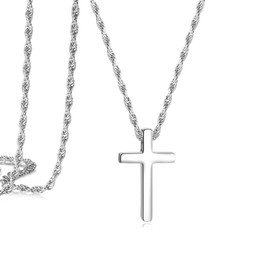 Estendly Mens Cross Necklace, Silver Gold Stainless Steel Cross Chain for Men, Cubic Zirconia Cross Pendant Necklaces Christain Jewelry Gift Rope Chain 20 Inch