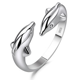 BG&WLing Double Dolphin Ring for Women 925 Silver Adjustable Ring Open Thumb Ring Dolphin Jewelry Gifts for Animal Lover