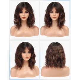 HAIRCUBE Wavy Curly Short Bob Wig with Curtain Bangs Heat Resistant Synthetic Hair Natural Wigs for Women Daily Party Brown with Highlights