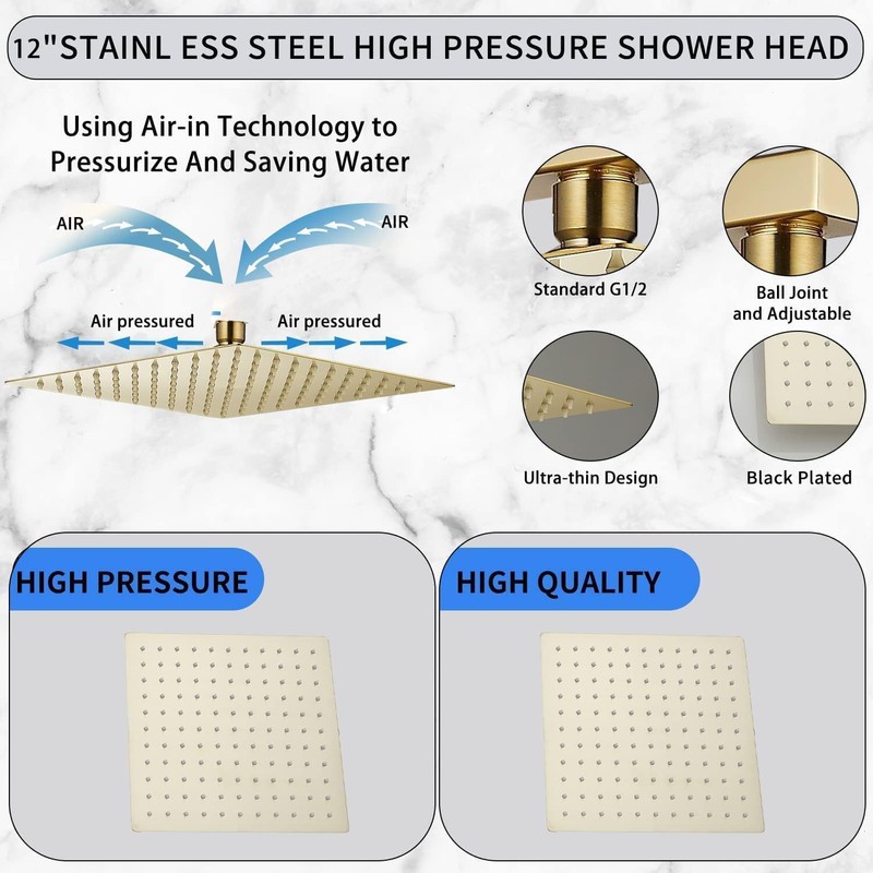 GGStudy Rain Shower Head Brushed Gold with Extension Arm 12