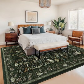 GarveeHome Area Rugs 9x12 Living Room Large Washable Rug Moss Green Soft Modern Rug Non Slip Throw Carpet Botanical Floral Vintage Low Pile Floor Cover for Bedroom Farmhouse Dining Room Home Office