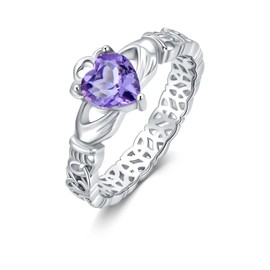 BETHZA Natural Amethyst Claddagh Rings for Women 925 Sterling Silver Heart Purple Crystal Irish Rings Jewelry Gift for Wife Size 10
