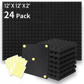 Focusound 24 Packs Acoustic Foam Panels Pyramid 2" X 12" X 12", Soundproofing Foam Noise Cancelling Foam with 120 PCS Double-Side adhesive