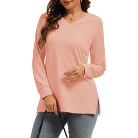 YUCOLEN Women’s Long Sleeve Tunic Fall Tops V Neck Loose Fit Side Split T-Shirts 2025 Dressy Casual Pullover Basic Tee,Pink,2XL