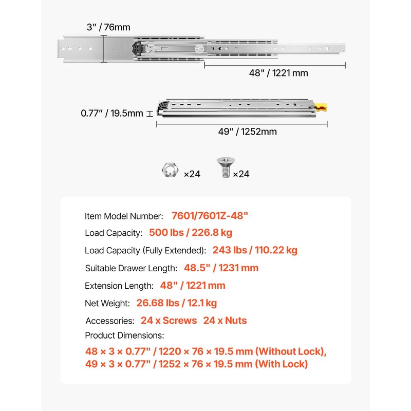 VEVOR Heavy Duty Drawer Slides, 1 Pair 48inch Locking Drawer