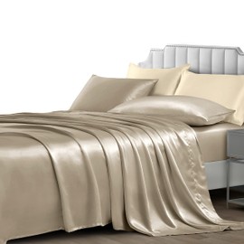 NSGZ 3 Pieces Satin Sheets Twin XL, Silky Satin Bed Sheet Set with 1 Fitted Sheet, 1 Flat Sheet and 1 Pillowcase, Cooling Bed Sheets, Extra Soft Satin Fitted Sheet Set Satin Bedding Sheets, Taupe