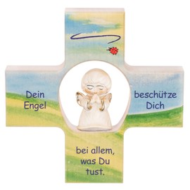 Fritz Cox® - Dein Engel beschütze Dich' Children's Wooden Cross with Wooden Angel 12 cm x 12 cm