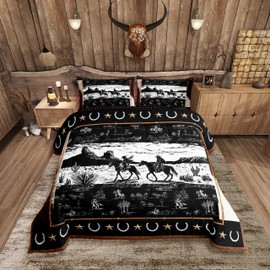 Feelyou Western Comforter Set Twin Size Horse Cowboy Bedding Set for Boys Men Kids Teens Rustic Western Decor Country Wild West Down Comforter Black and White Duvet Set with 1 Pillowcase