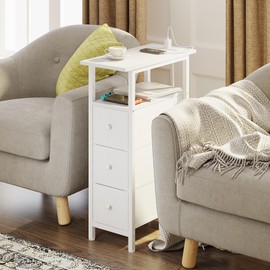 TRIFEBLE End Table with Charging Station, Narrow Side Table with 3 Fabric Drawers, Skinny Nightstand with LED Light, Slim Bedside Table for Bedroom, Living Room, Small Spaces, White