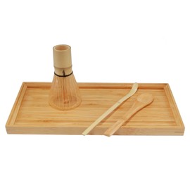 BambooMN Chasen (Tea Whisk) + Chashaku (Hooked Bamboo Scoop) for preparing Matcha + Tea Spoon + Tea Serving Tray