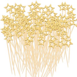 50PCS Gold Star Bamboo Cocktail Picks, 5.5 Inch Christmas Fancy Toothpicks for Appetizers, Long Decorative Cocktail Picks for Party Decoration, Appetizer Skewers for Charcuterie Sandwich Burgers Fruit