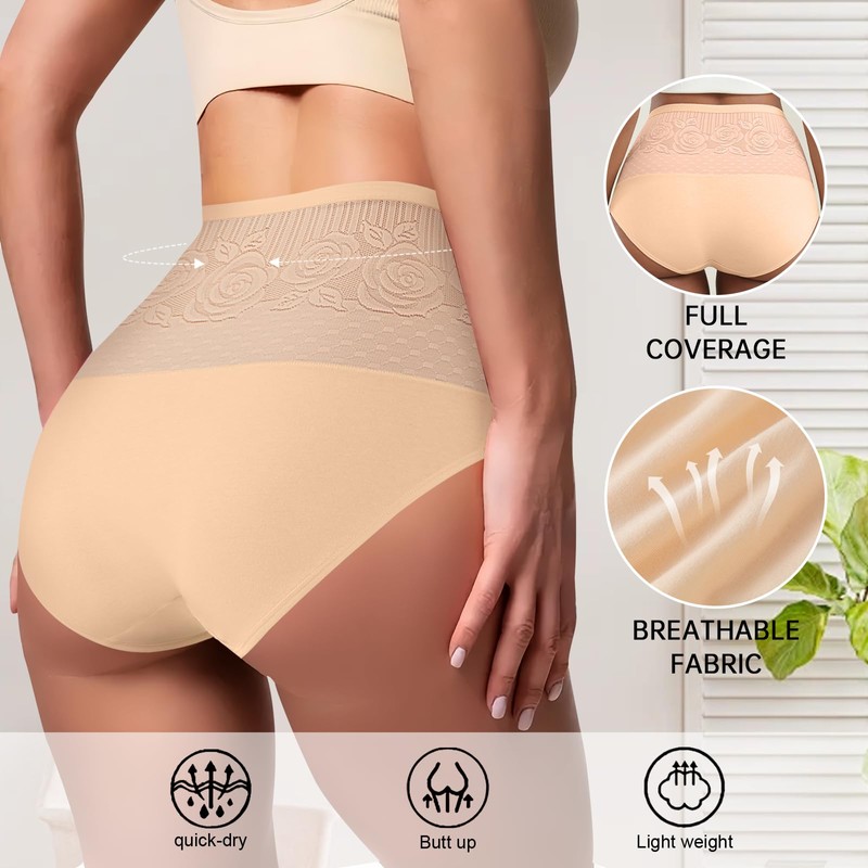 DAFANY Womens Underwear Cotton Lace Openwork Embroidery Panties Breathable High