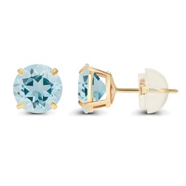 14K Solid Yellow Gold 4mm Round Natural Aquamarine March Birthstone Prong Set Stud Earrings For Women