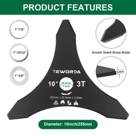 TEWORDA 10" x 3 Teeth Brush Cutter Blades for Weedeater, 2-Set Carbon Steel Trimmer Blades, Arbor 1" with 7/8"-20mm-5/8 Washers. Compatible with Husqvarna, Stihl, Ego, Oregon, Hitachi, Makita, etc.…