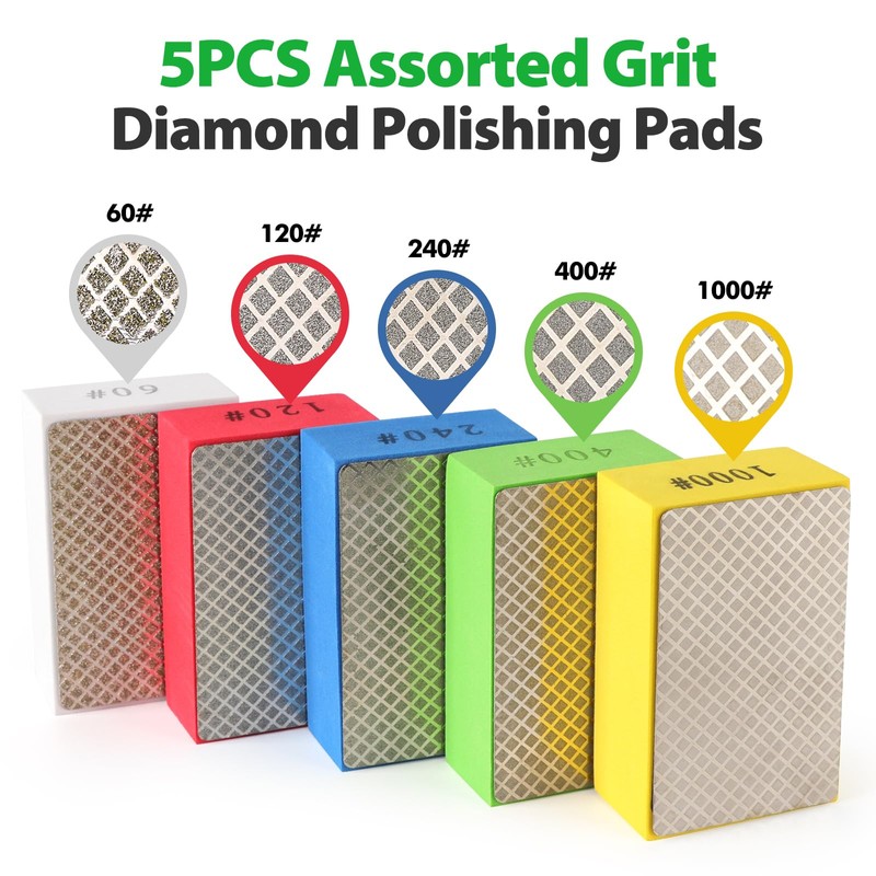 Diamond Hand Polishing Pads, 5PCS Diamond Sanding Pads 60/120/240/400/1000 Grit